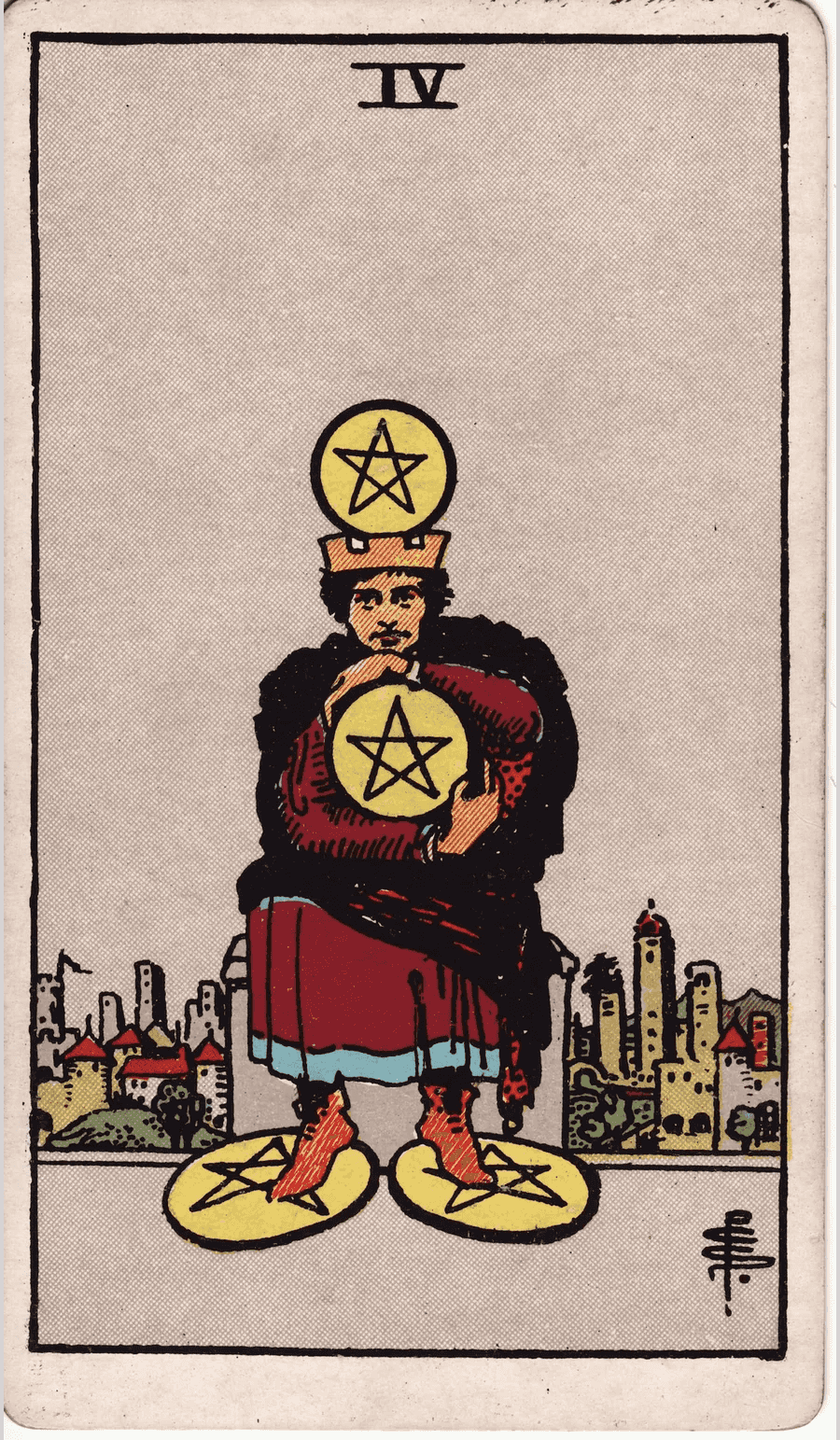 The Four of Pentacles from the 1909 Rider-Waite-Smith deck: a crowned man sits on a stone seat outside a city, clutching one pentacle to his chest, with one balanced on his crown and two under his feet