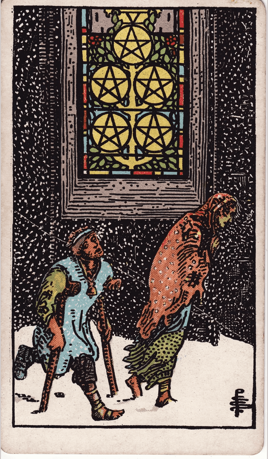 The Five of Pentacles from the 1909 Rider-Waite-Smith deck: two ragged figures, one on crutches, walk through the snow past a lit stained glass church window decorated with five pentacles