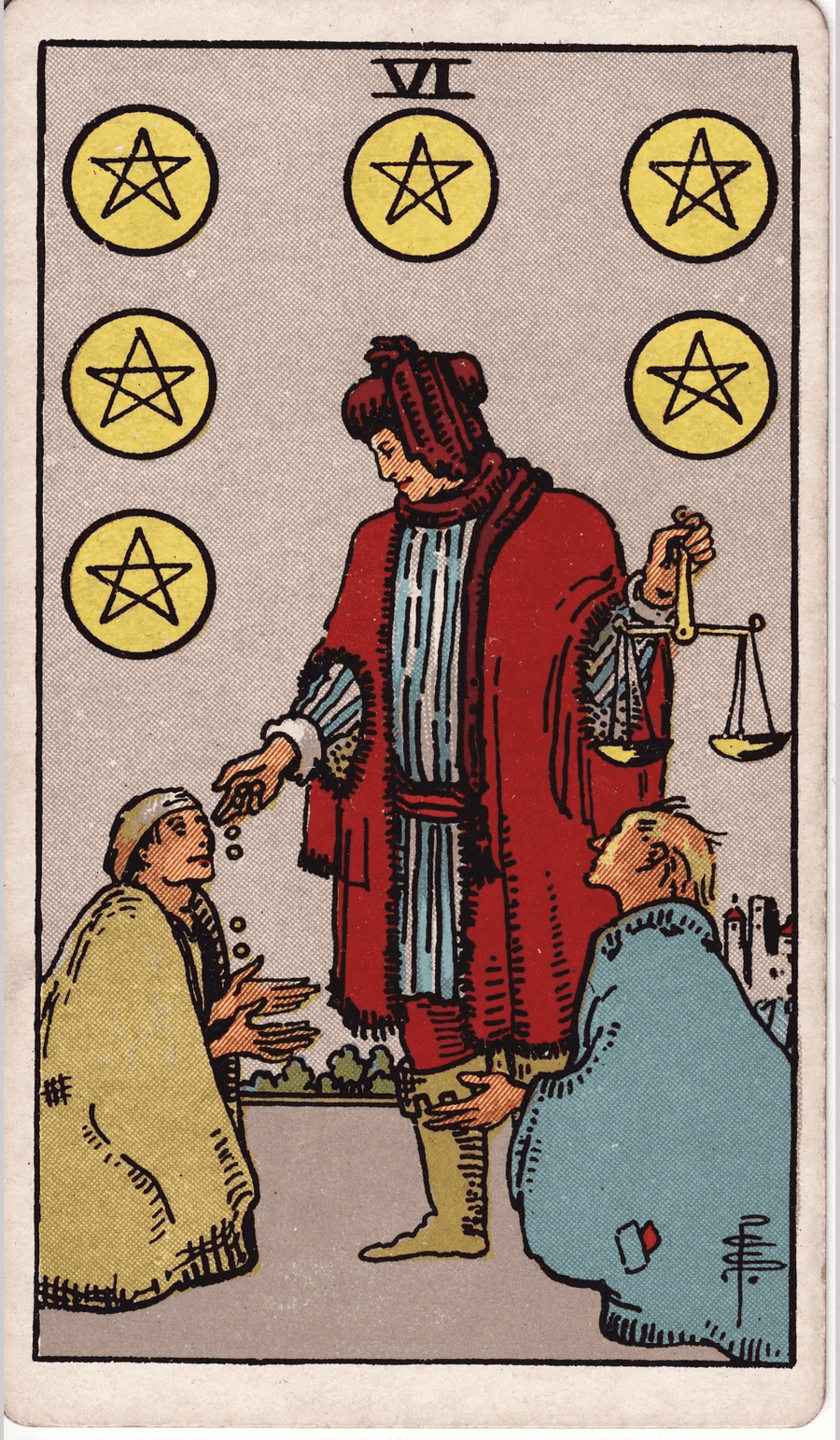 The Six of Pentacles from the 1909 Rider-Waite-Smith deck: a merchant in a red cloak holds a pair of scales and drops coins into the hands of one of two people kneeling at his feet