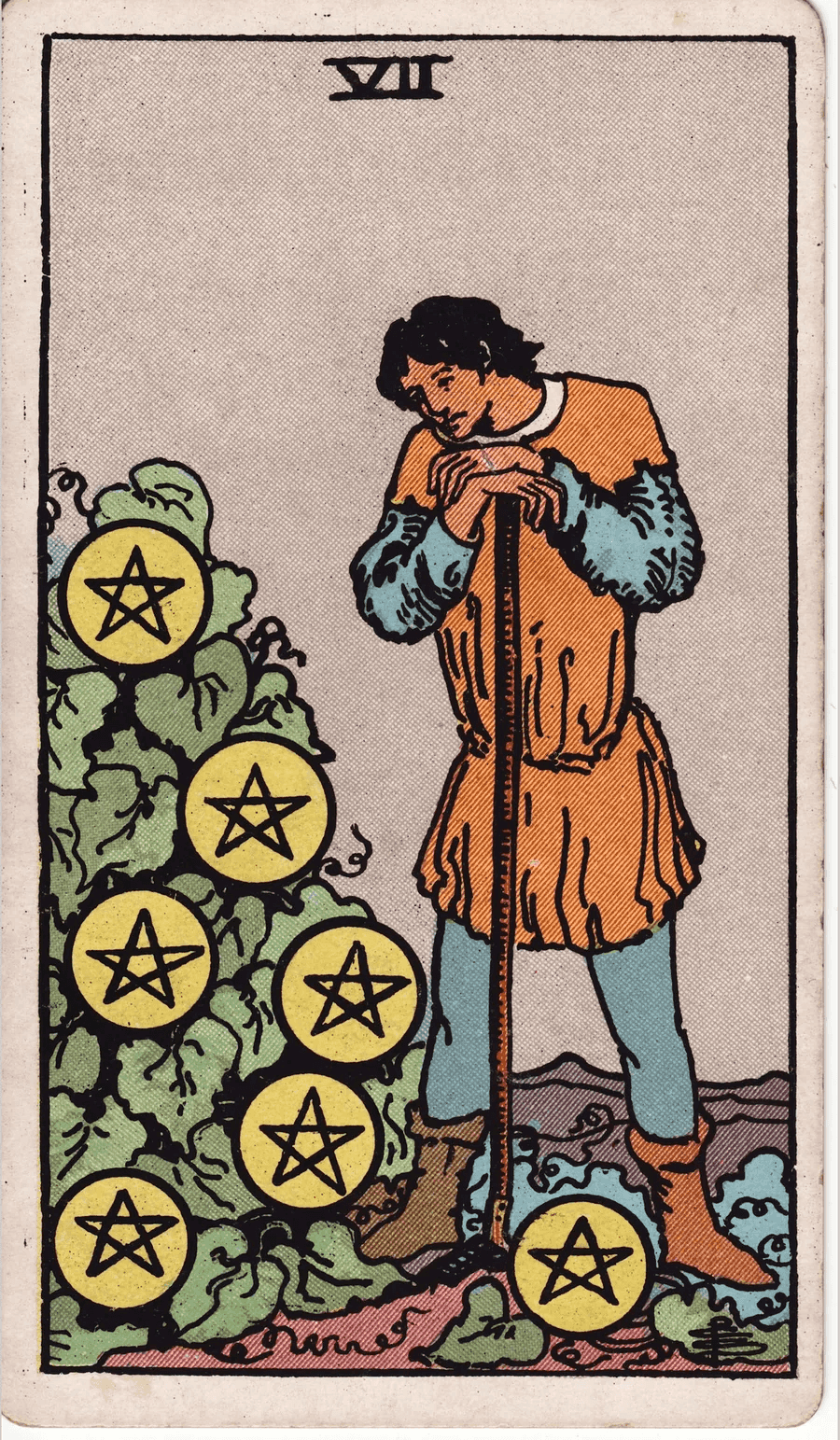 The Seven of Pentacles from the 1909 Rider-Waite-Smith deck: a young farmer leans on his hoe and looks at seven pentacles growing on a leafy bush