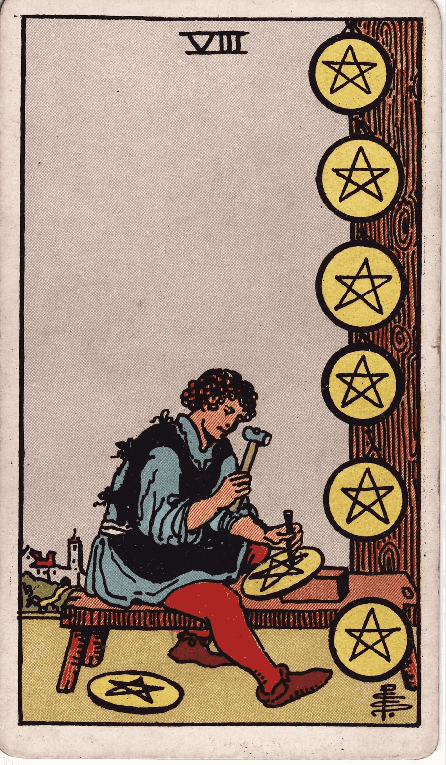 The Eight of Pentacles from the 1909 Rider-Waite-Smith deck: a young craftsman sits at a bench carving a pentacle with a hammer and chisel, with six finished pentacles hung on a post beside him and one on the ground