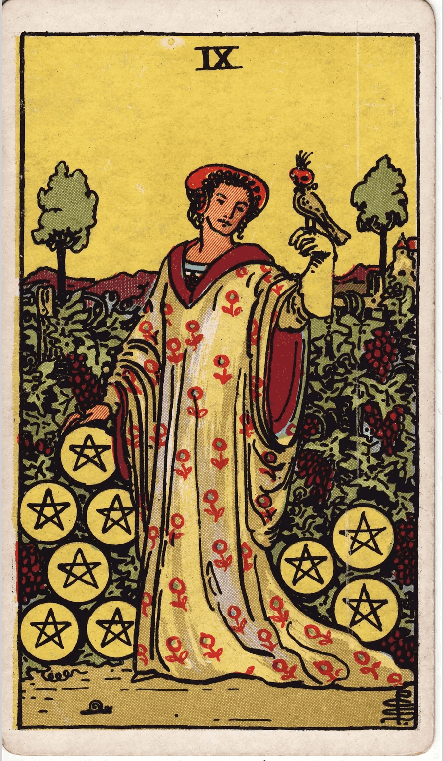 The Nine of Pentacles from the 1909 Rider-Waite-Smith deck: a woman in a flowered robe stands in a vineyard full of grapes and pentacles, with a hooded bird resting on her gloved hand and a large house behind her
