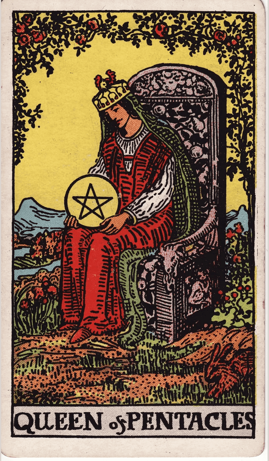 The Queen of Pentacles from the 1909 Rider-Waite-Smith deck: a queen sits on a carved throne in a garden surrounded by roses and greenery, holding a pentacle in her lap, with a small rabbit at her feet