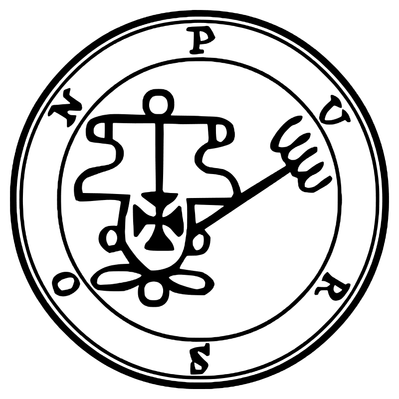 The seal of Purson from the 1904 Goetia, a circular sigil drawn in black lines inside a double ring
