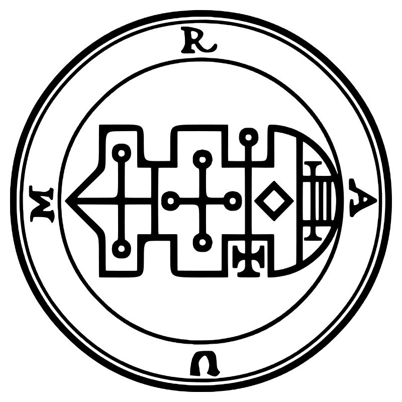 The seal of Raum from the 1904 Goetia, a circular sigil drawn in black lines inside a double ring