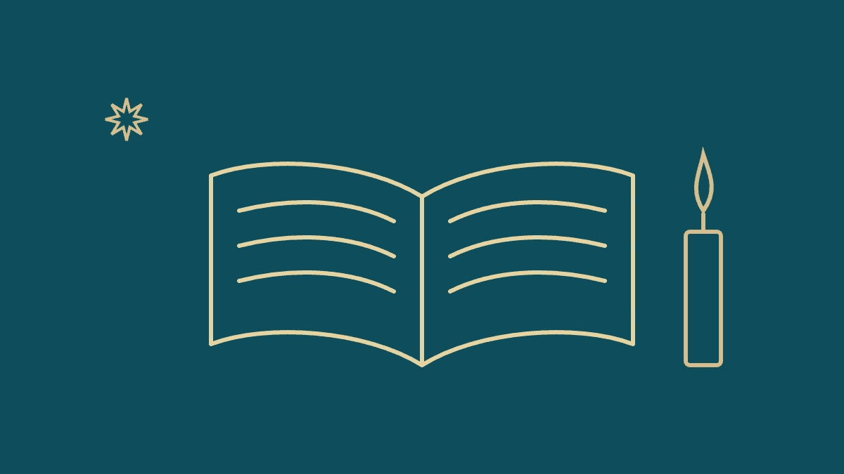 Line drawing of an open book beside a lit candle, in soft gold on deep petrol