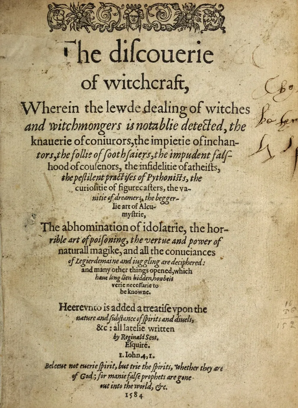 Title page of The Discoverie of Witchcraft by Reginald Scot, 1584, with the title set in old type inside a decorated border