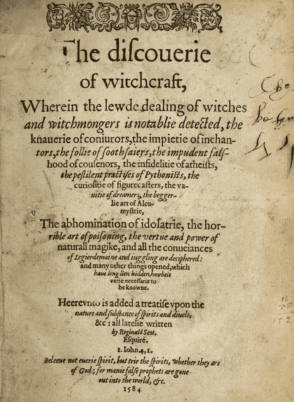 Title page of The Discoverie of Witchcraft by Reginald Scot, 1584, the book that first printed the spirit catalog in English