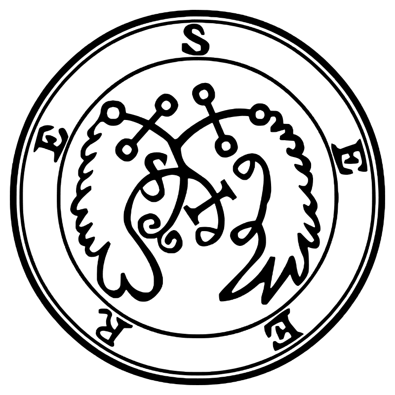 The seal of Seere from the 1904 Goetia, a circular sigil drawn in black lines inside a double ring
