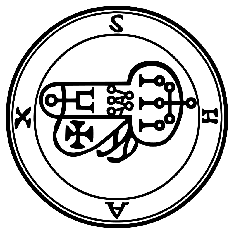 The seal of Shax from the 1904 Goetia, a circular sigil drawn in black lines inside a double ring