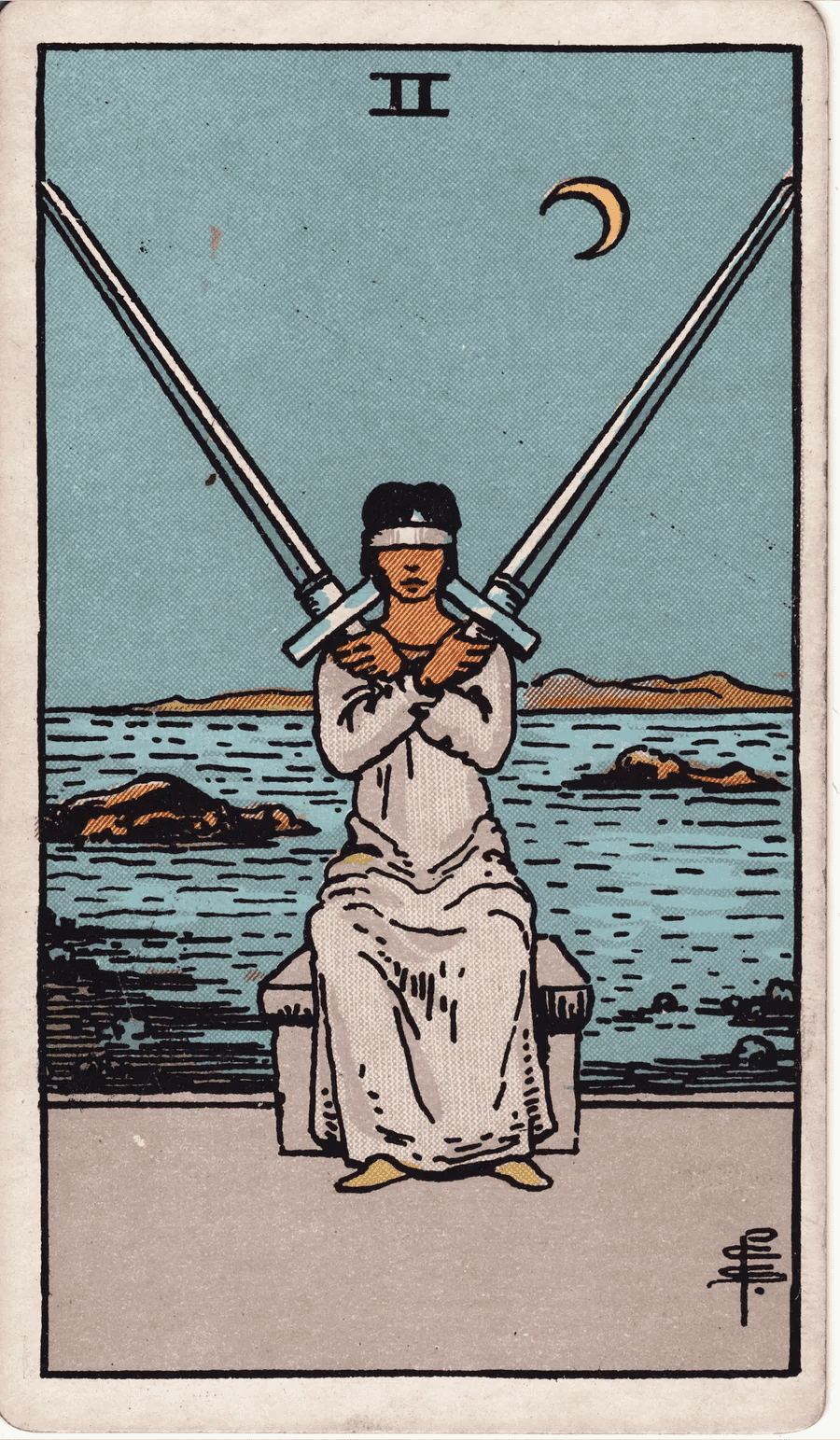 The Two of Swords from the 1909 Rider-Waite-Smith deck: a blindfolded woman in a white robe sits on a stone bench with her back to the sea, holding two long swords crossed over her chest, under a crescent moon