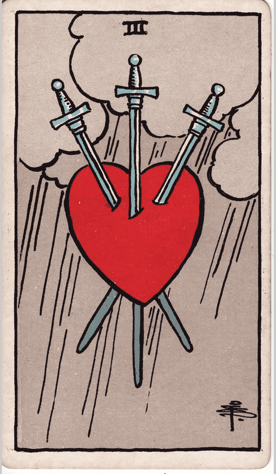 The Three of Swords from the 1909 Rider-Waite-Smith deck: a red heart pierced by three swords floats in front of gray storm clouds and falling rain