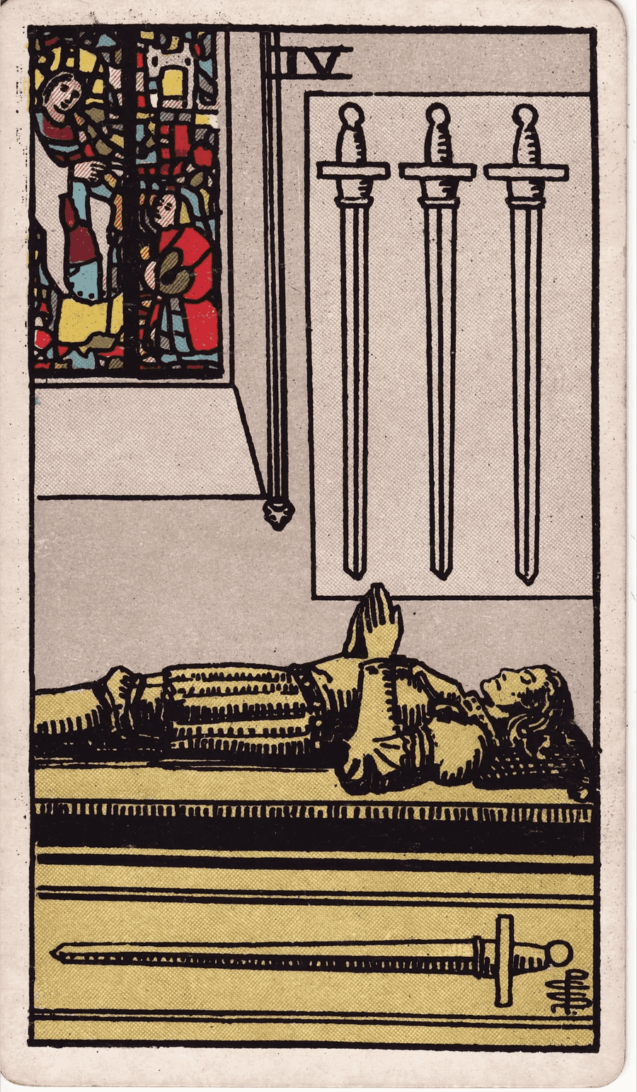 The Four of Swords from the 1909 Rider-Waite-Smith deck: the stone effigy of a knight lies on a tomb with his hands joined in prayer, three swords hanging above him and one along the side of the tomb, beneath a stained glass window