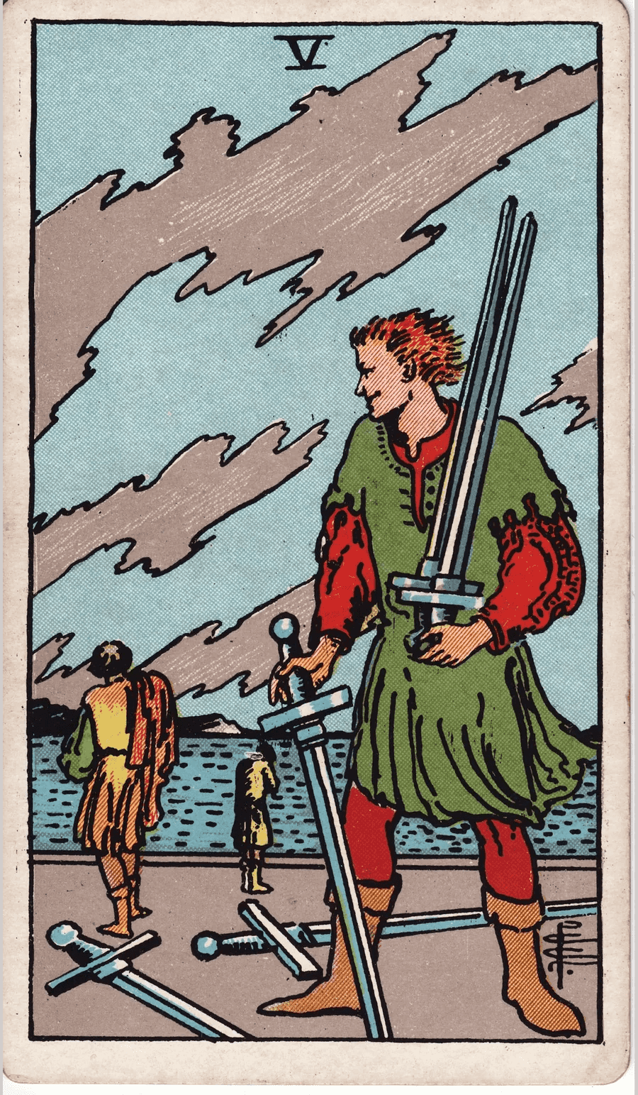 The Five of Swords from the 1909 Rider-Waite-Smith deck: a smirking man gathers swords from the ground while two dejected figures walk away toward a stormy sea under torn clouds