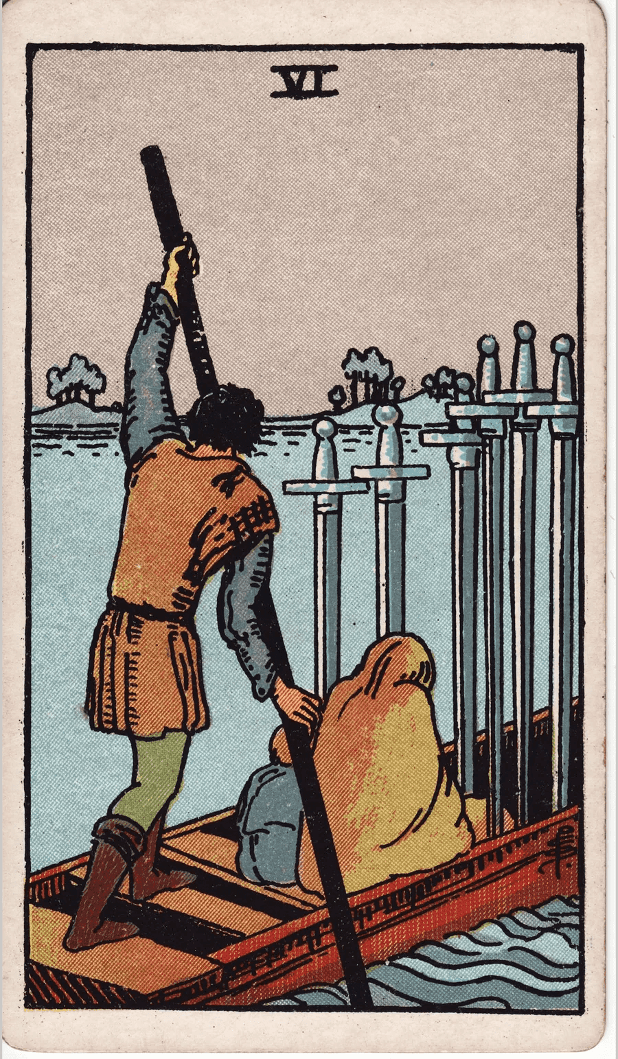 The Six of Swords from the 1909 Rider-Waite-Smith deck: a ferryman poles a boat carrying a hooded woman and a child toward a distant shore, with six swords standing upright in the boat