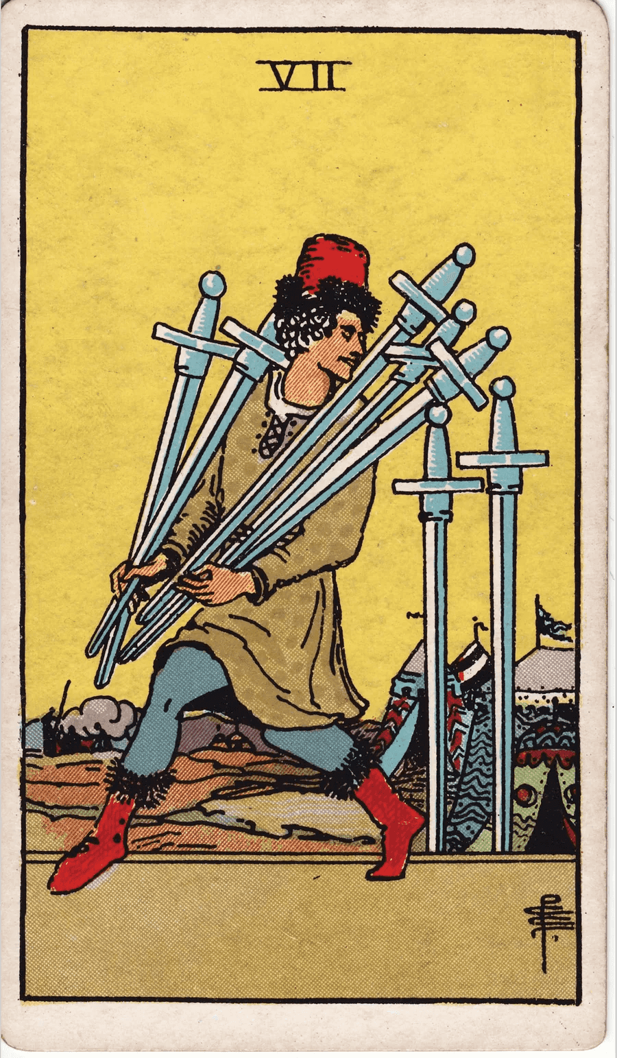 The Seven of Swords from the 1909 Rider-Waite-Smith deck: a man tiptoes away from a camp of colorful tents carrying five swords in his arms and looking back over his shoulder, with two swords left standing in the ground