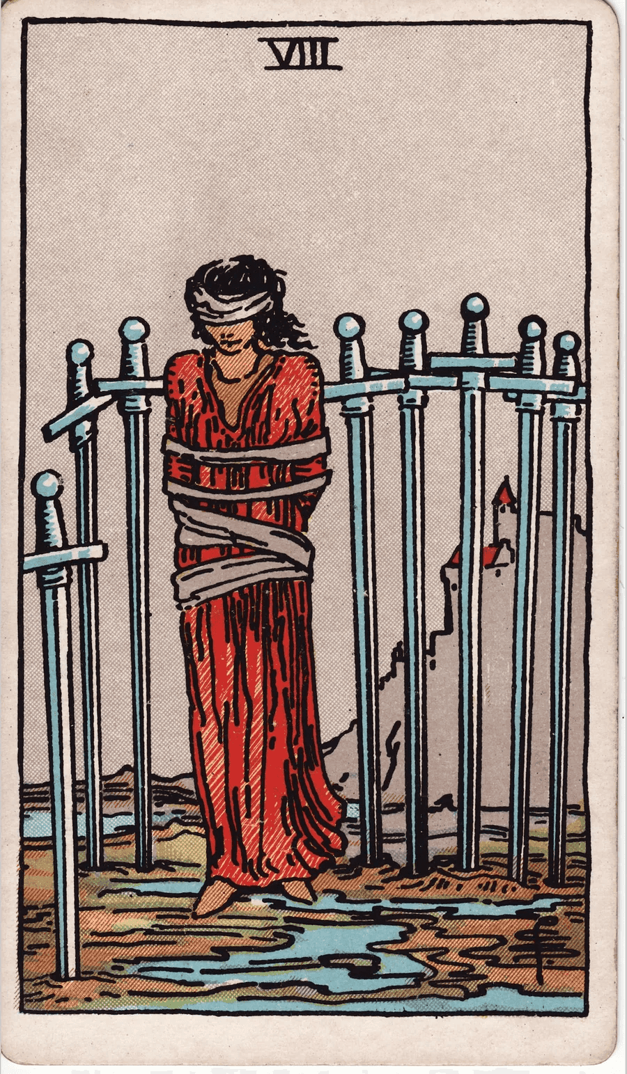 The Eight of Swords from the 1909 Rider-Waite-Smith deck: a blindfolded woman with her arms bound stands among eight swords planted in muddy ground, with a castle on a cliff behind her