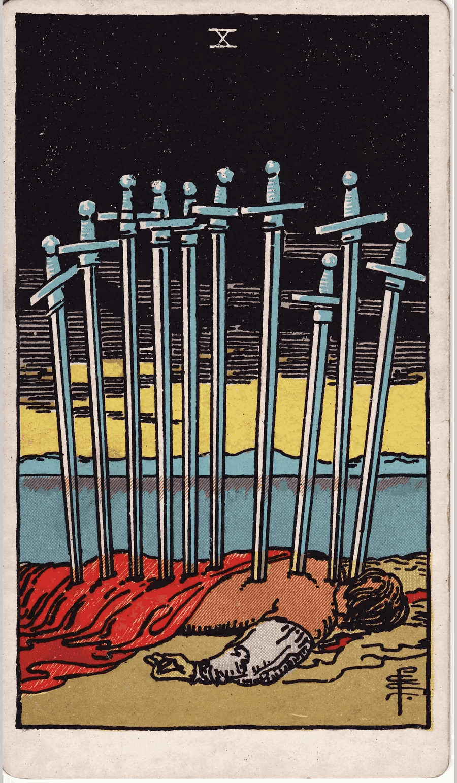 The Ten of Swords from the 1909 Rider-Waite-Smith deck: a figure lies face down on the shore with ten swords in his back under a black sky, while a golden dawn breaks over calm water and hills