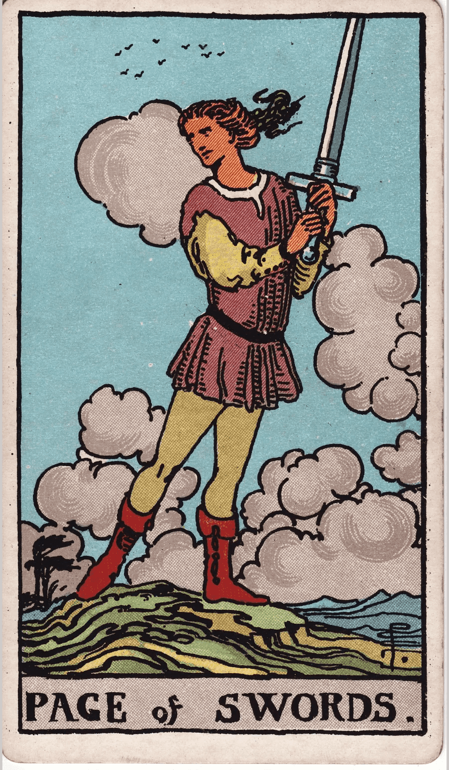 The Page of Swords from the 1909 Rider-Waite-Smith deck: a young person holds an upright sword with both hands and stands on a windy hilltop, looking to one side, with birds and clouds in the sky