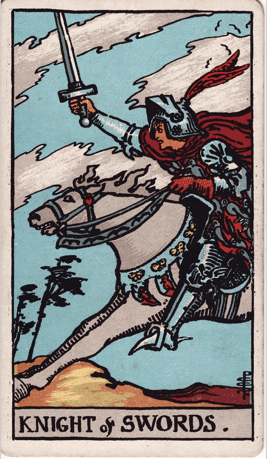The Knight of Swords from the 1909 Rider-Waite-Smith deck: a knight in armor charges forward on a galloping white horse with his sword raised, under a windy sky with torn clouds and bending trees