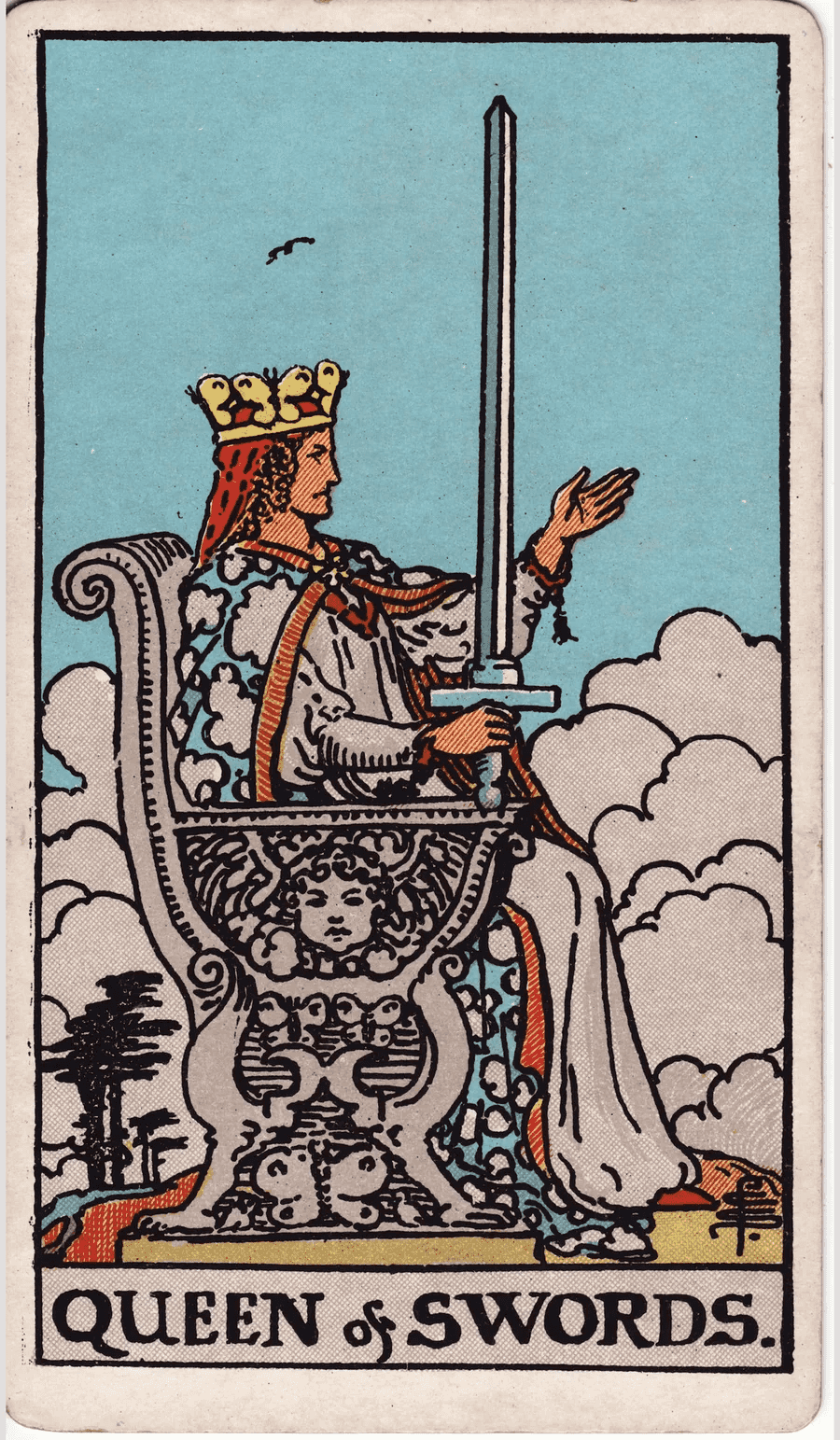 The Queen of Swords from the 1909 Rider-Waite-Smith deck: a queen sits in profile on a high throne carved with butterflies, holding an upright sword in her right hand and raising her left hand, above clouds