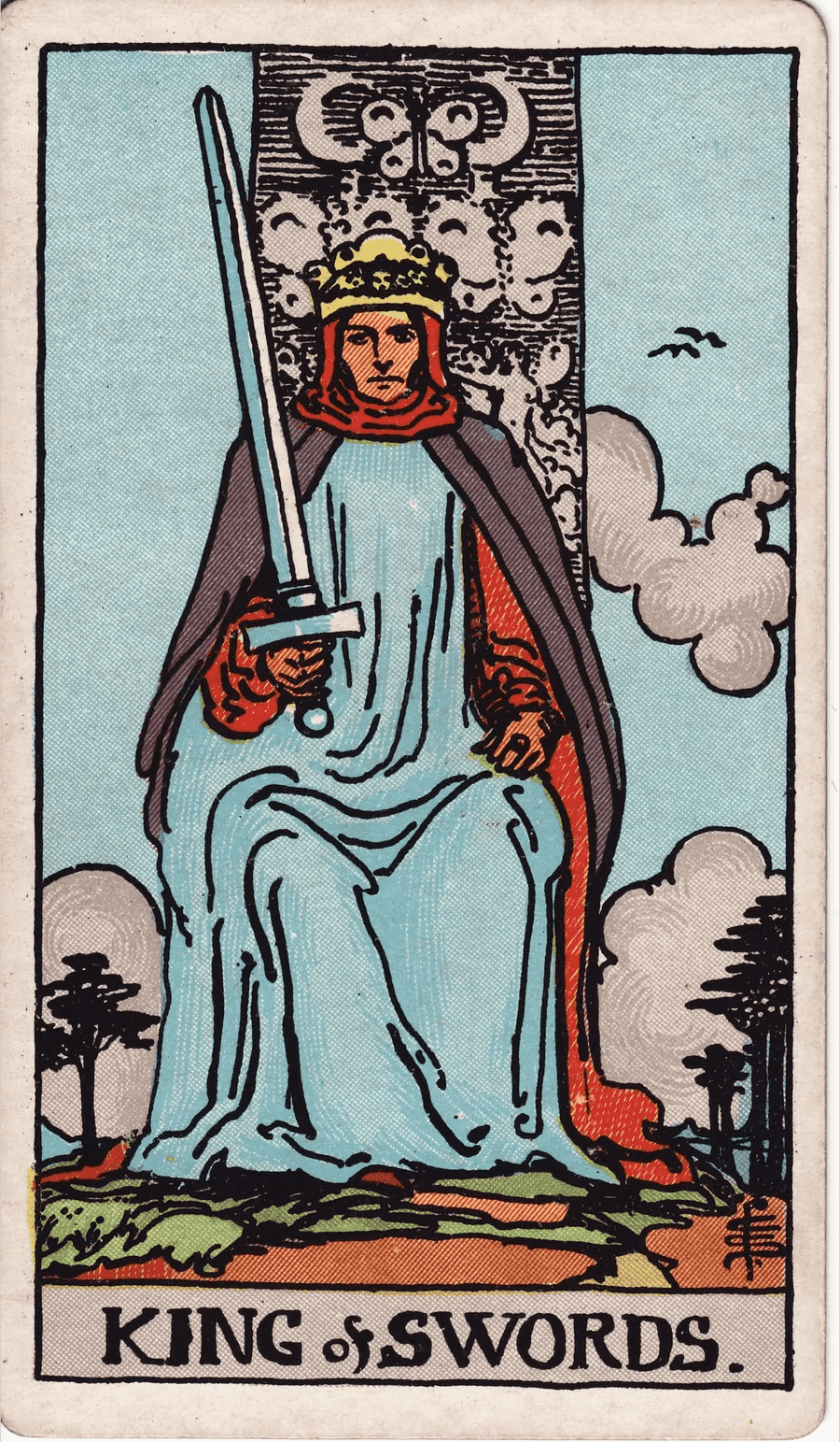 The King of Swords from the 1909 Rider-Waite-Smith deck: a king sits facing forward on a throne carved with butterflies, holding an upright sword tilted slightly, with cypress trees and birds behind him