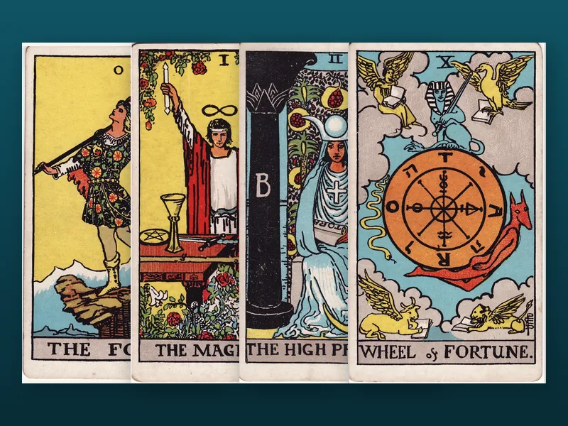 Rider-Waite-Smith tarot, 1909 (The Fool, The Magician, The High Priestess, Wheel Of Fortune), Pamela Colman Smith (art), A. E. Waite