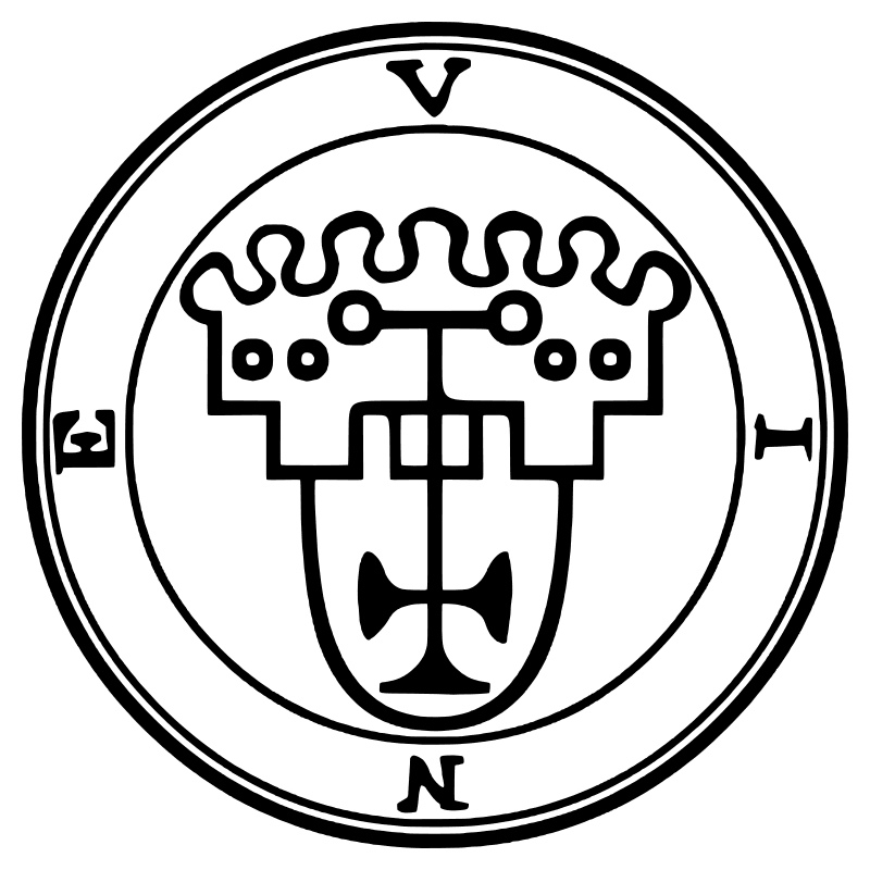 The seal of Vine from the 1904 Goetia, a circular sigil drawn in black lines inside a double ring