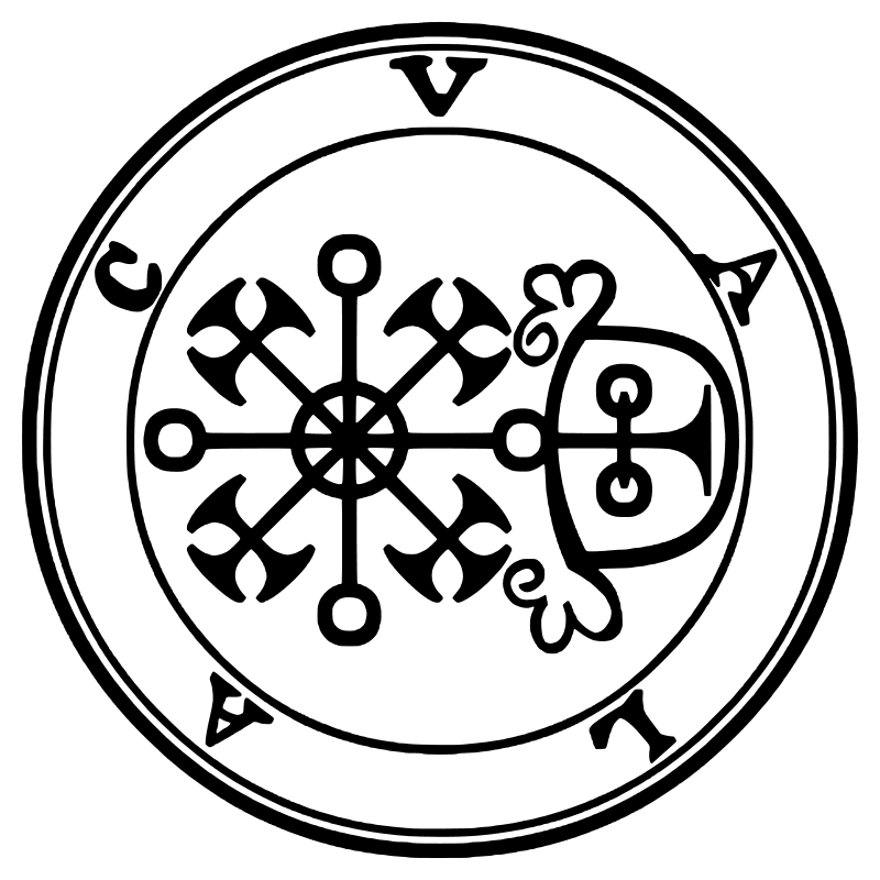 The seal of Volac from the 1904 Goetia, a circular sigil drawn in black lines inside a double ring
