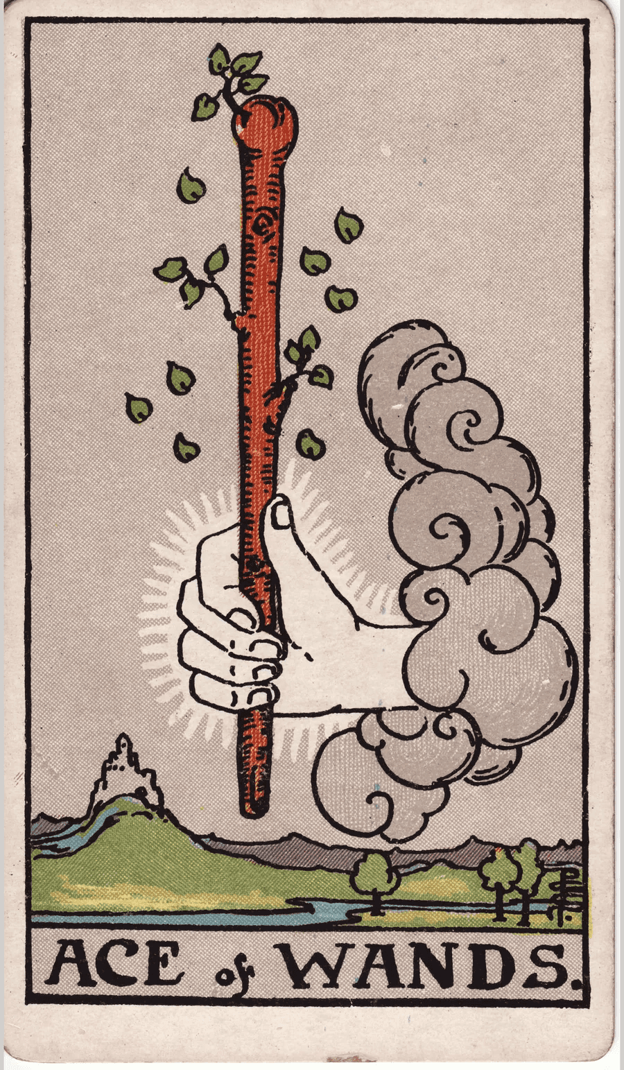 The Ace of Wands from the 1909 Rider-Waite-Smith deck: a hand reaches out of a gray cloud holding a sprouting wooden wand above a green landscape with a castle on a hill