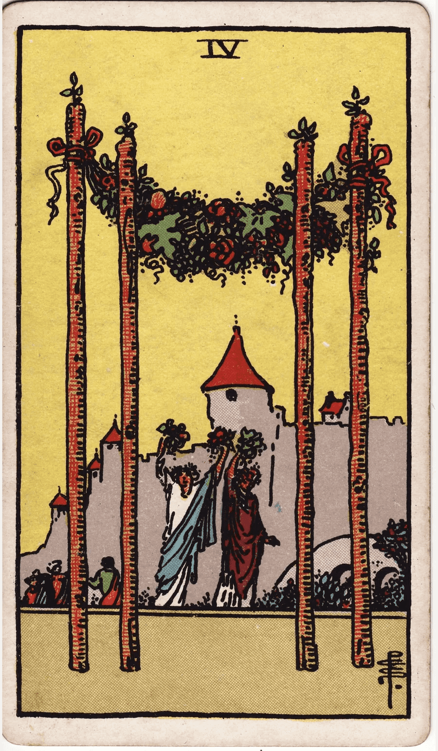 The Four of Wands from the 1909 Rider-Waite-Smith deck: four wands hung with a garland of flowers and fruit frame two figures raising bouquets in front of a castle, with people celebrating behind them