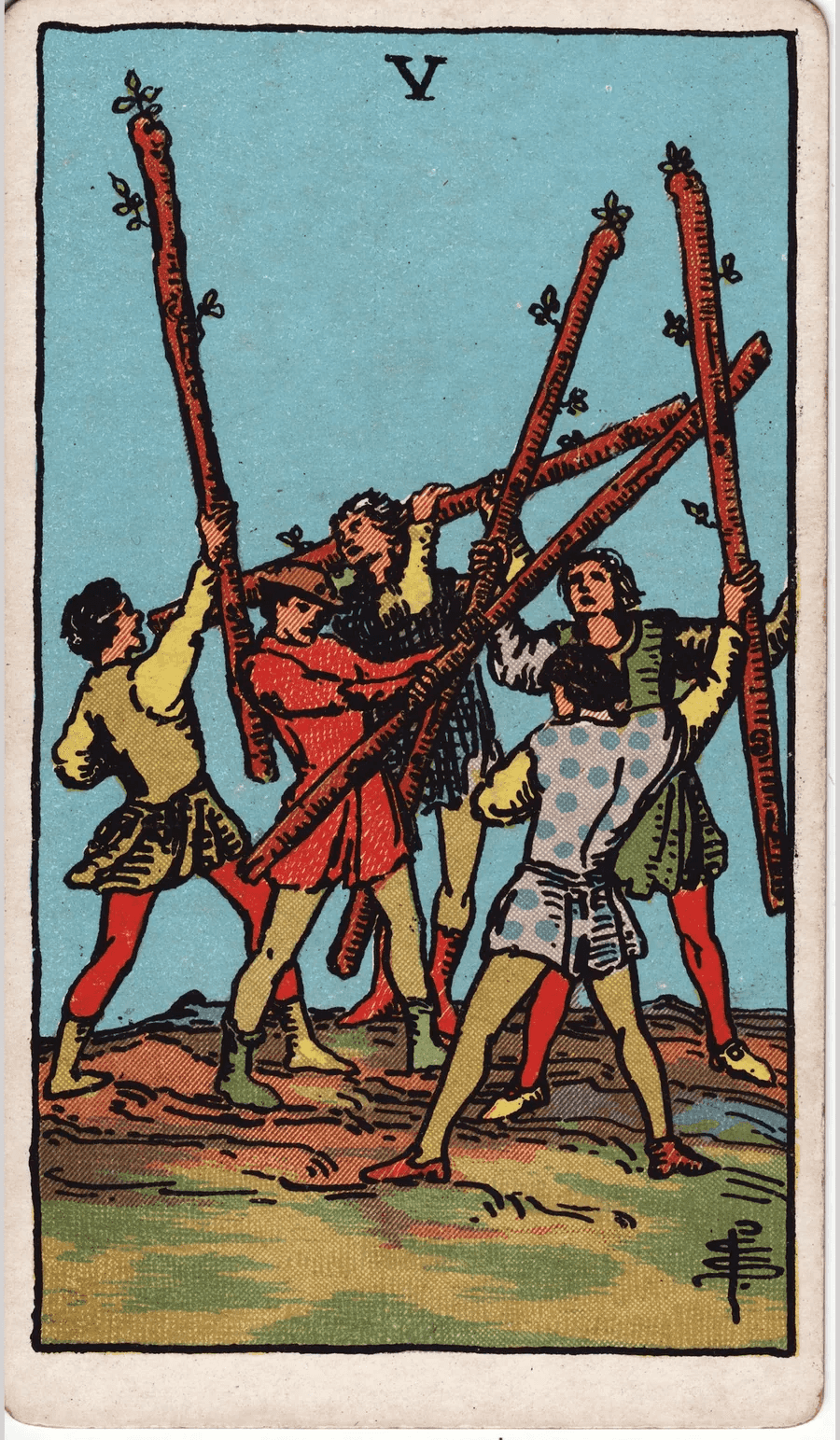 The Five of Wands from the 1909 Rider-Waite-Smith deck: five young men in different colored clothes swing wooden staves at each other in a mock fight on open ground