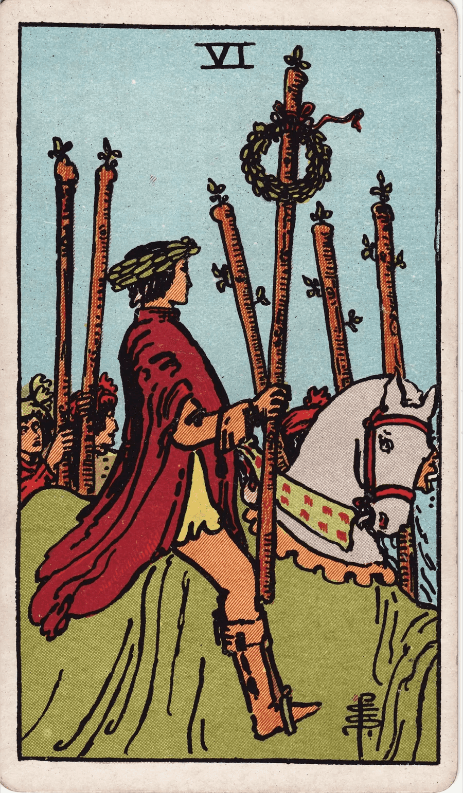 The Six of Wands from the 1909 Rider-Waite-Smith deck: a rider crowned with laurel sits on a white horse and holds a wand topped with a laurel wreath, while people on foot carrying wands walk beside him