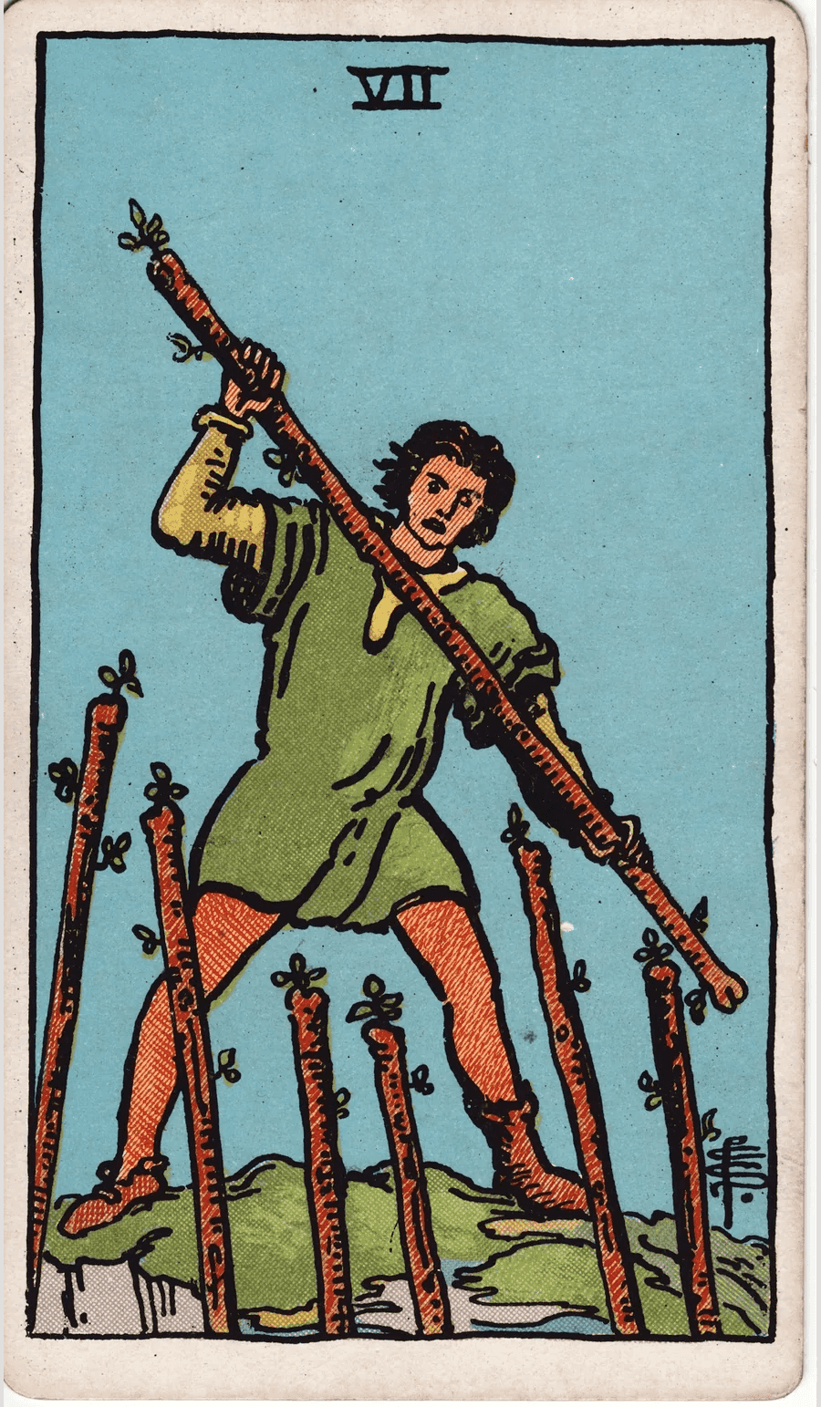 The Seven of Wands from the 1909 Rider-Waite-Smith deck: a young man on a hilltop holds a wand with both hands to fend off six wands raised toward him from below