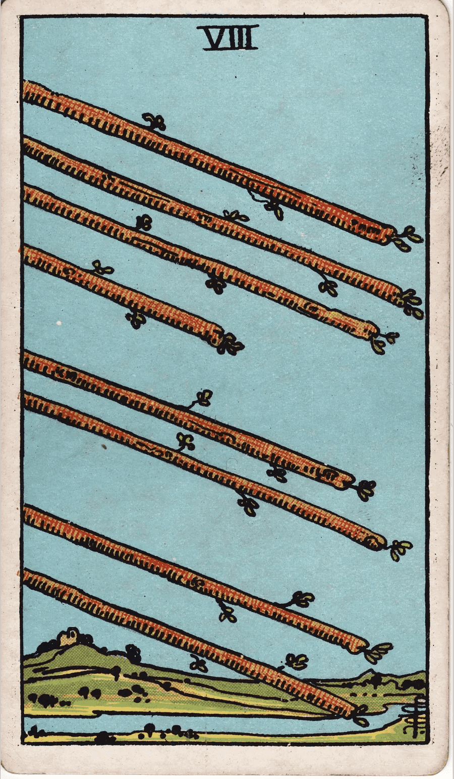 The Eight of Wands from the 1909 Rider-Waite-Smith deck: eight wooden wands fly diagonally through a clear sky over a green landscape with a river and a house on a hill