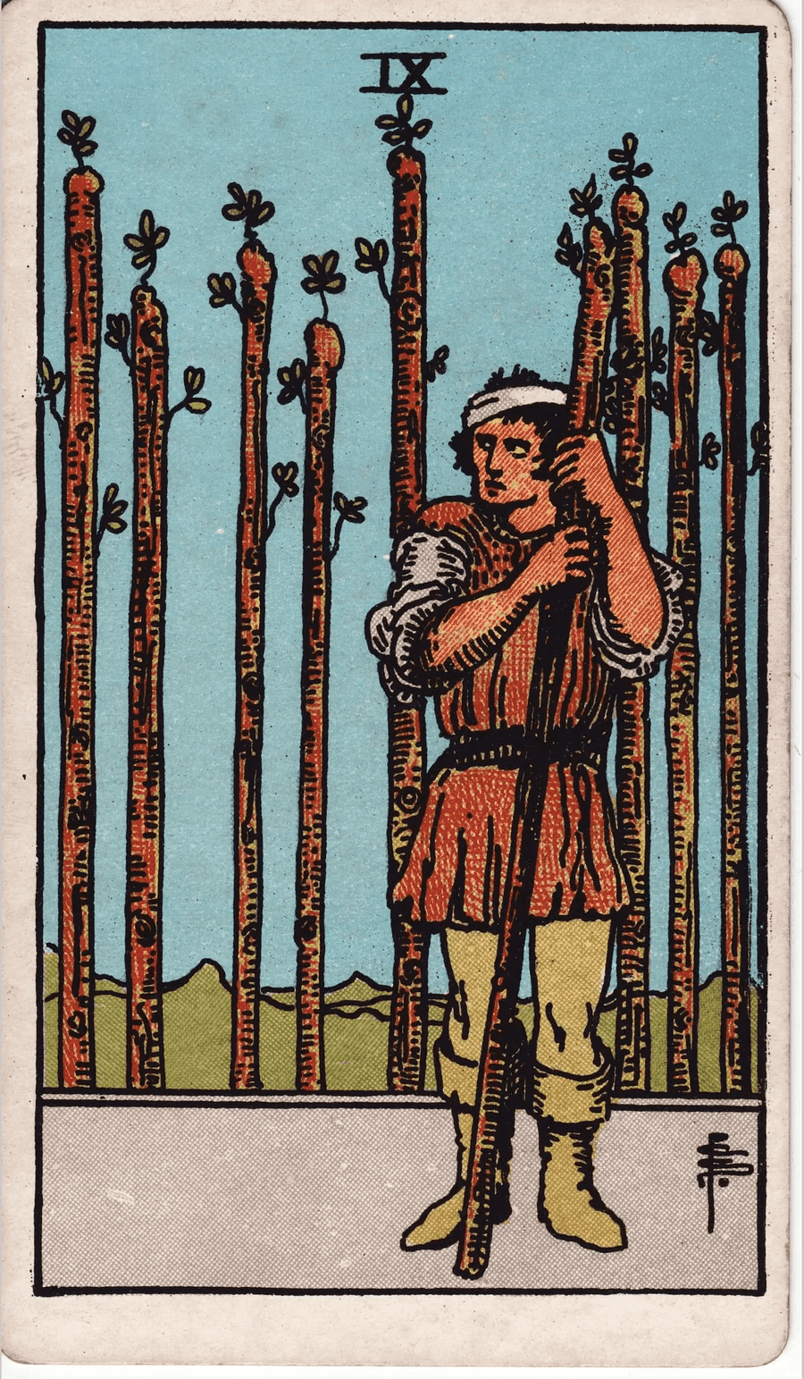 The Nine of Wands from the 1909 Rider-Waite-Smith deck: a man with a bandaged head leans on a wand and looks warily to one side, with eight more wands standing behind him like a fence