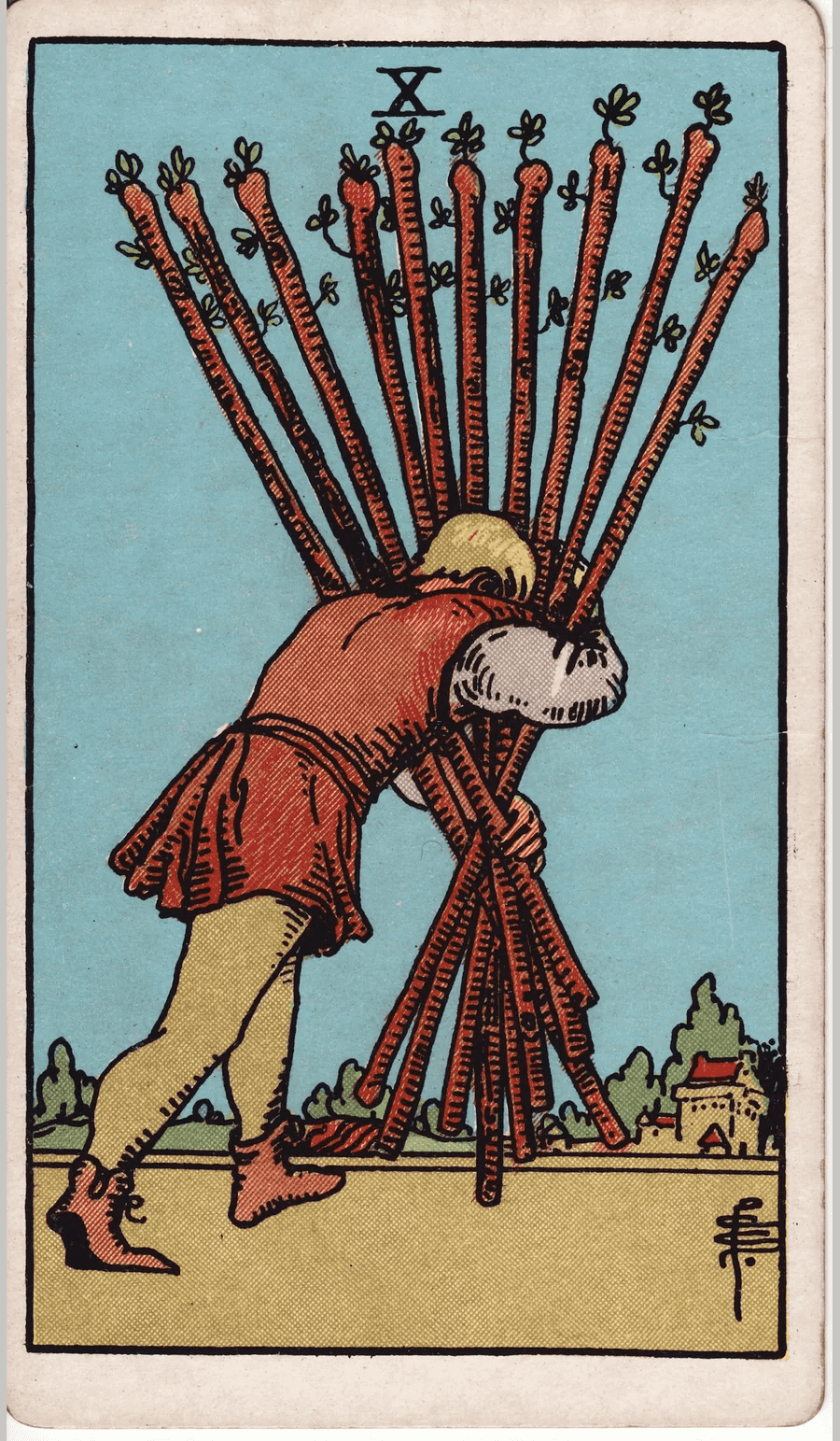 The Ten of Wands from the 1909 Rider-Waite-Smith deck: a man bent forward carries a bundle of ten heavy wands in his arms as he walks toward a house in the distance