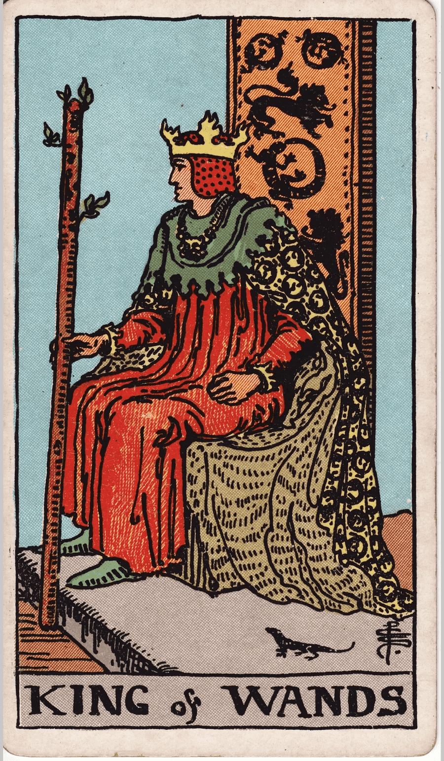 The King of Wands from the 1909 Rider-Waite-Smith deck: a king in a robe patterned with salamanders sits on a throne decorated with lions, holding a flowering wand, with a small salamander on the ground beside him