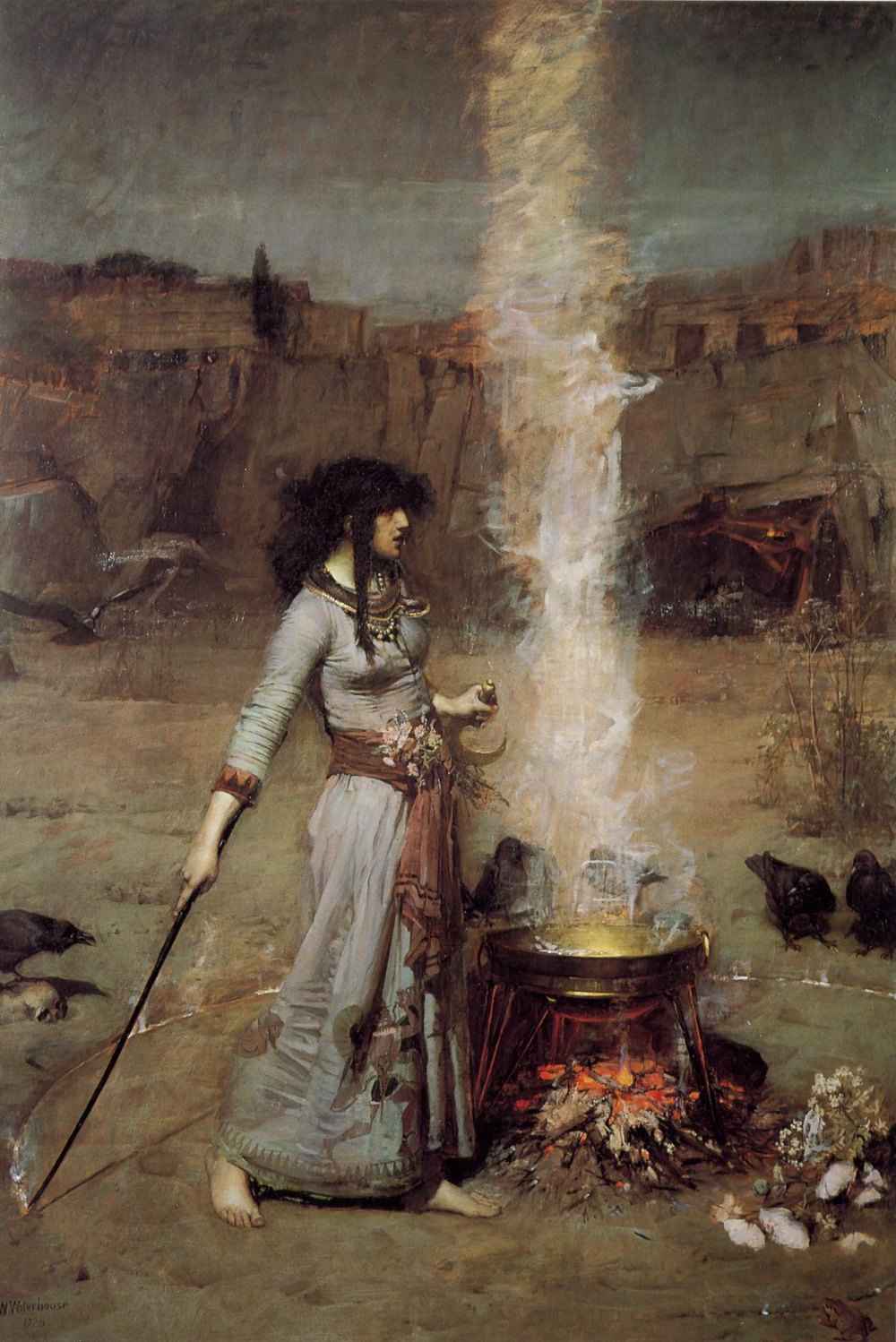 The Magic Circle by John William Waterhouse: a woman in a long robe draws a circle of fire on the ground with a wand